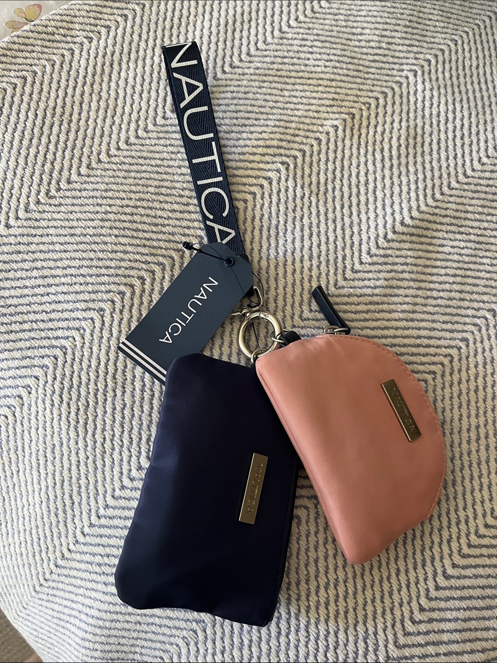 NWT Nautica Navy and Blush Pink Wristlet Pouch Duo with Logo Strap